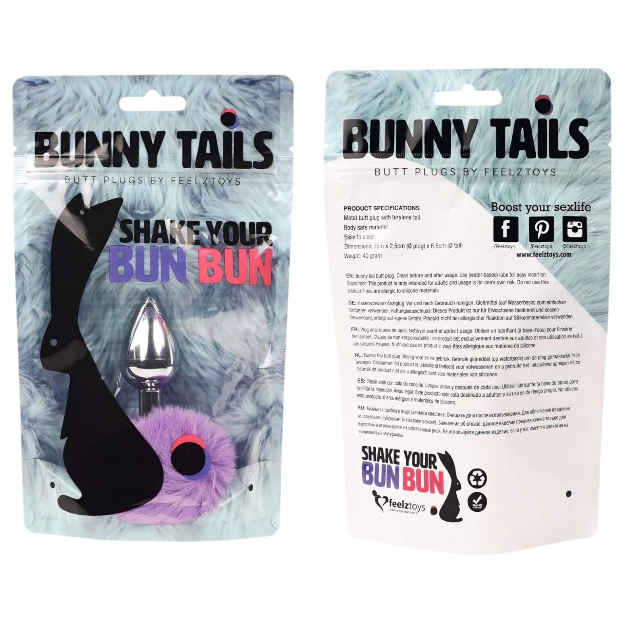 FEELZTOYS Bunny Tails - fém anál dildó nyuszifarokkal (ezüst-lila)