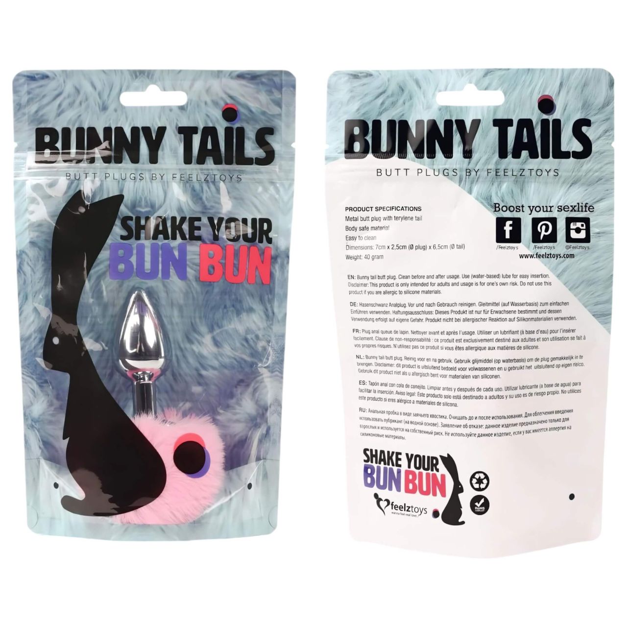 FEELZTOYS Bunny Tails - fém anál dildó nyuszifarokkal (ezüst-pink)