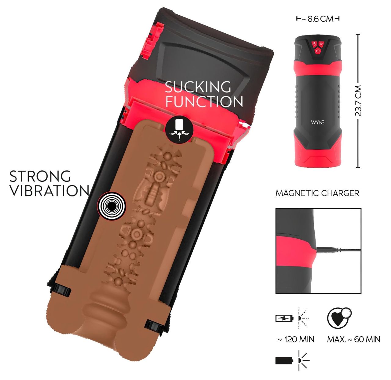 WYNE 04 - akkus, rezgő-szívó maszturbátor (barna)
