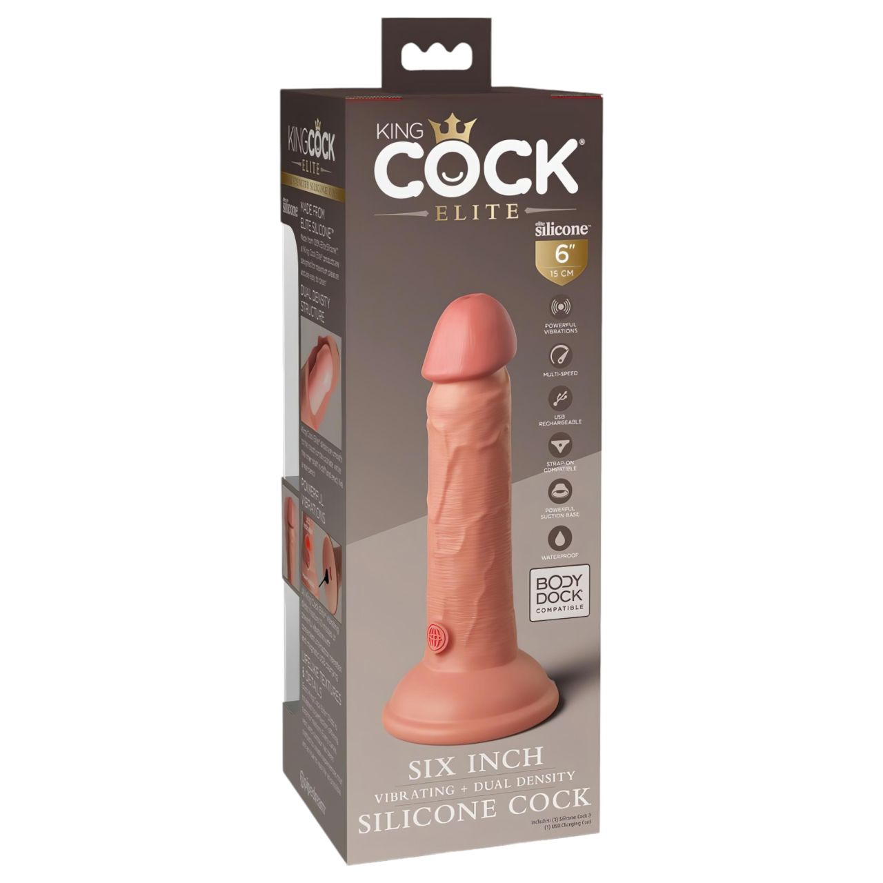 King Cock Elite 6 - tapadótalpas, élethű vibrátor 15cm (sötét natúr)