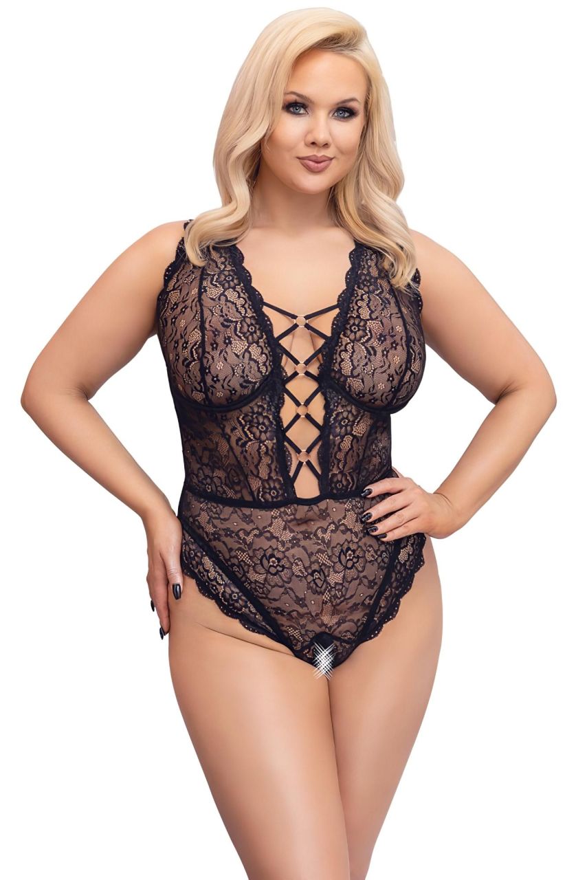 Cottelli Curves Plus Size - áttetsző mintás body (fekete)