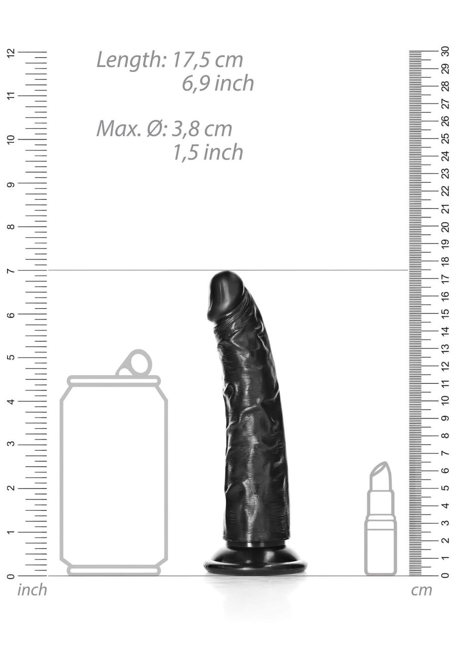 RealRock Slim - tapadótalpas, realisztikus dildó - 15,5cm (fekete)