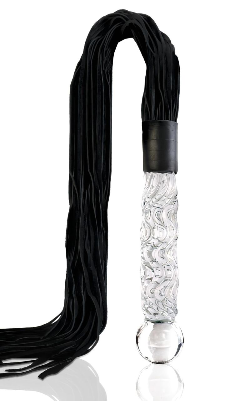 Icicles No. 38 - bőr korbács és üveg dildó (átlátszó-fekete) Icicles No. 38 - bőr korbács és üveg dildó (átlátszó-fekete)