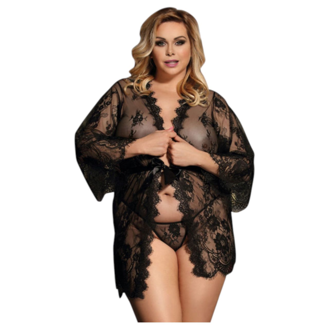 Subblime Queen Plus - csipke köntös szett - fekete (XL-2XL) Subblime Queen Plus - csipke köntös szett - fekete (XL-2XL)