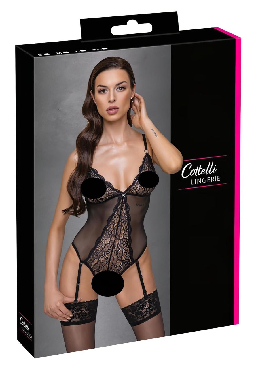 Cottelli - harisnyatartós, csipkés nyitott body (fekete) Cottelli - harisnyatartós, csipkés nyitott body (fekete)