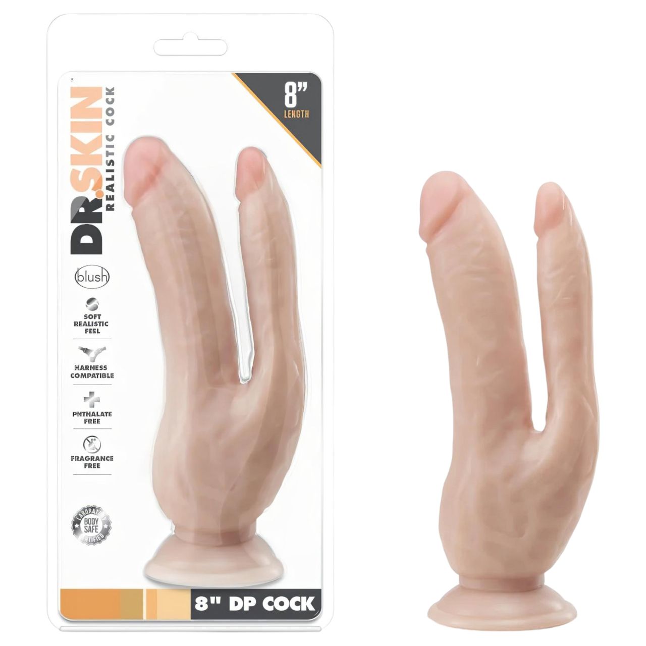 Dr. Skin 8 - tapadókorongos dupla dildó (natúr)