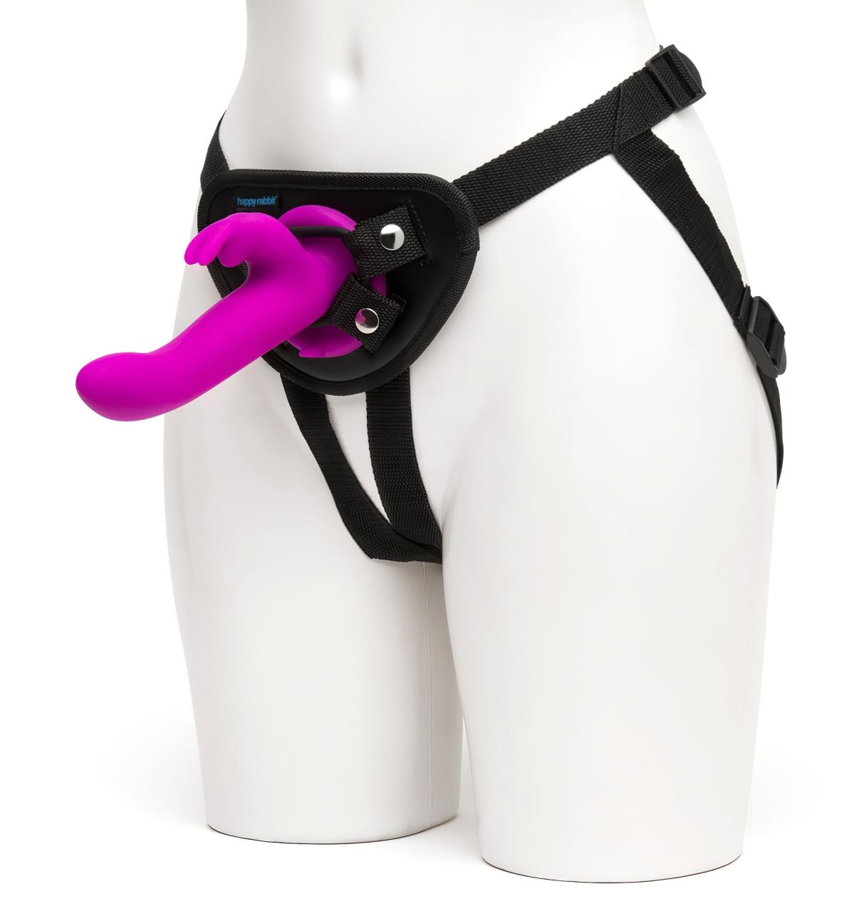 Happyrabbit Strap-On - nyuszis, csiklókaros felcsatolható vibrátor (lila)