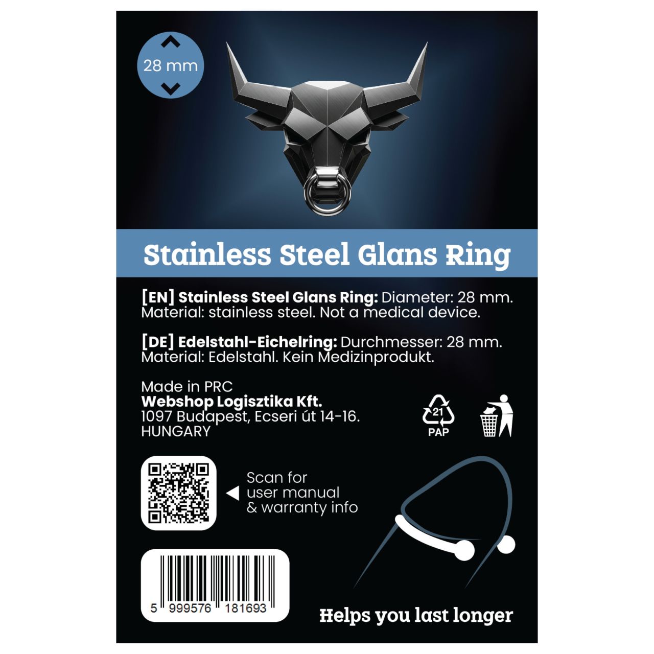 Rozsdamentes fém makkgyűrű - ejakuláció késleltetéshez (28mm) Rozsdamentes fém makkgyűrű - ejakuláció késleltetéshez (28mm)