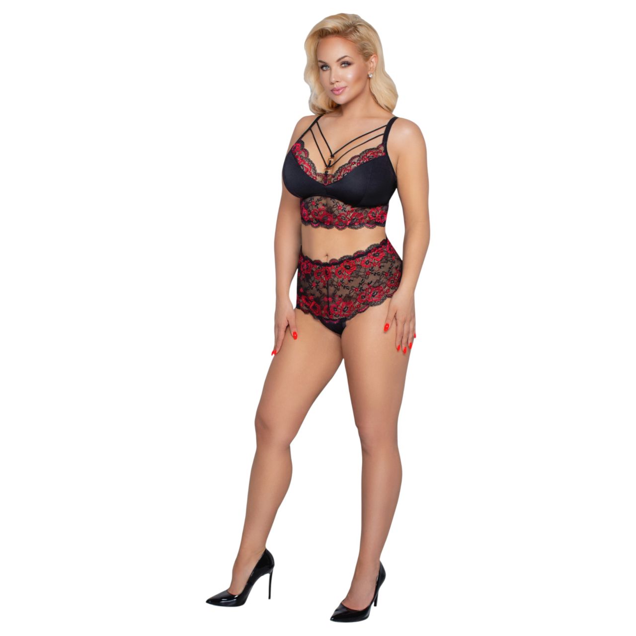 Cottelli Curvies - virágos csipke fehérnemű szett (fekete)