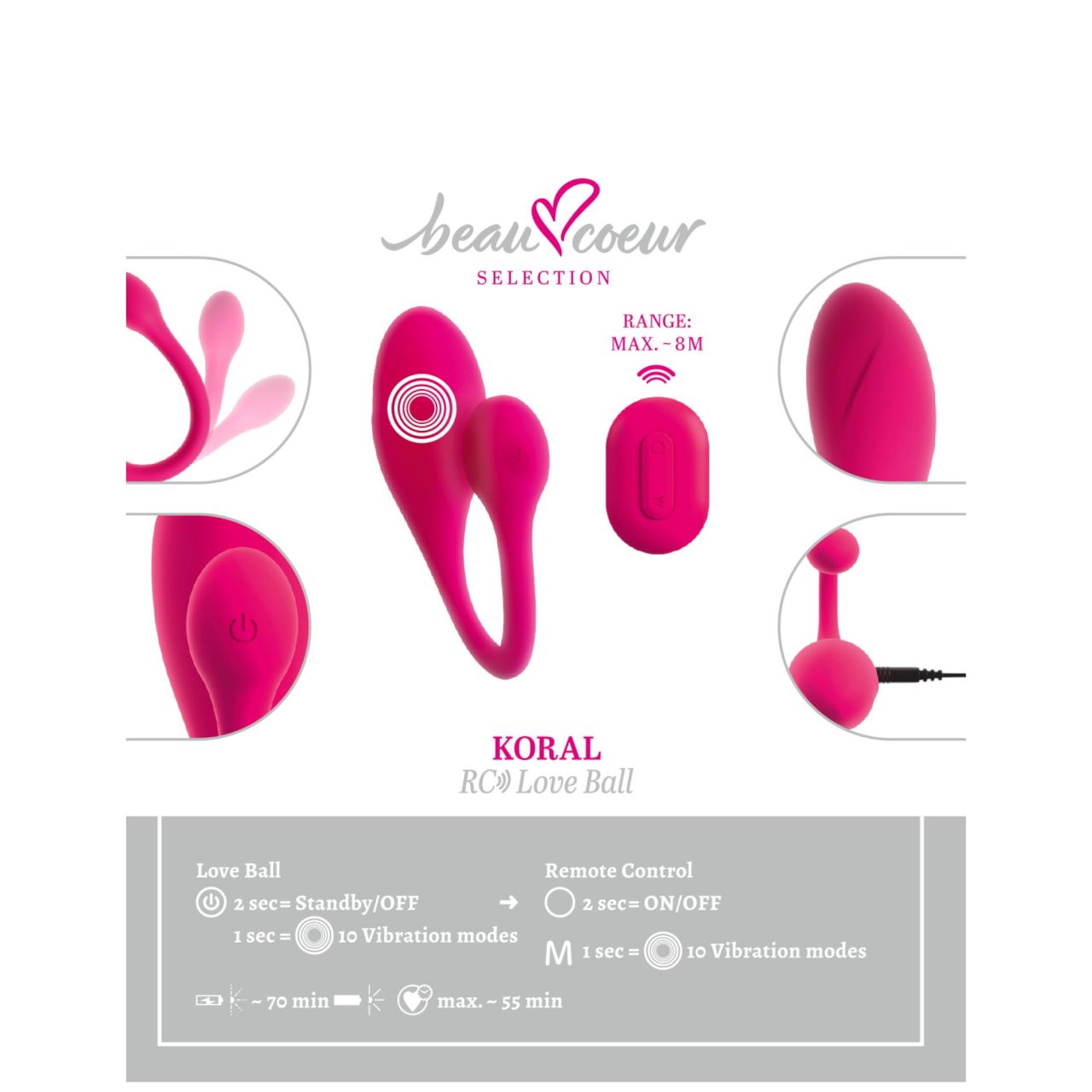 Beau Coeur Koral - vibrációs tojás távirányítóval (pink)