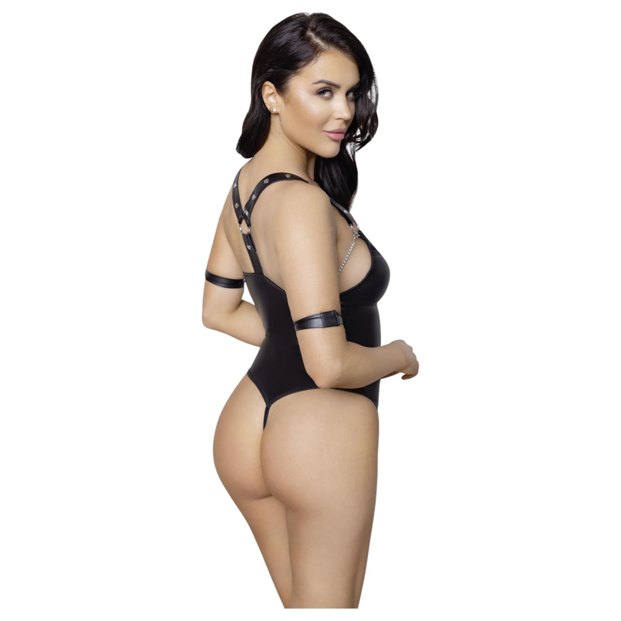 / Cottelli Bondage - fényes, gyűrűs, nyitott body (fekete)