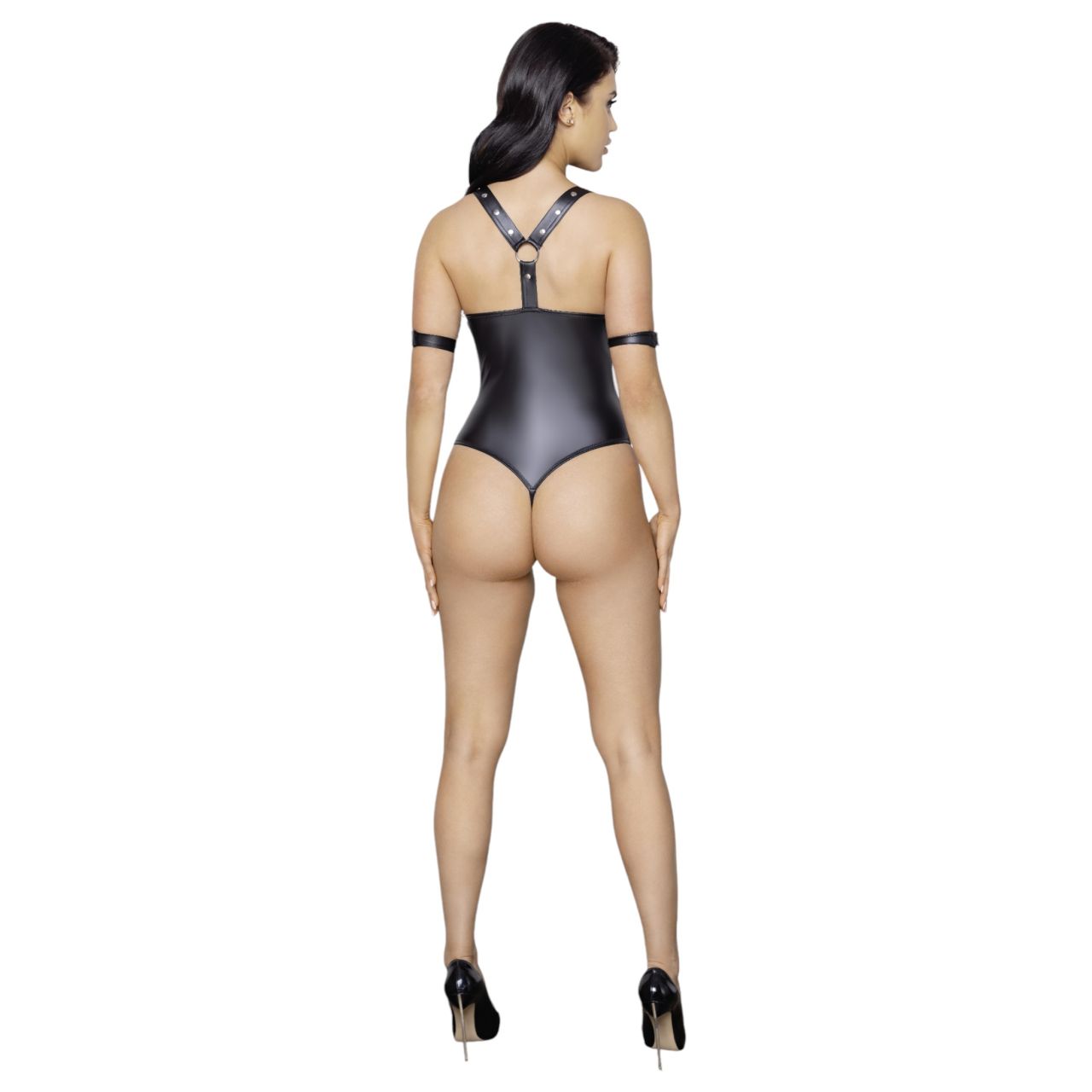 / Cottelli Bondage - fényes, gyűrűs, nyitott body (fekete)