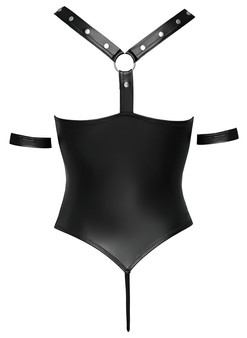 / Cottelli Bondage - fényes, gyűrűs, nyitott body (fekete)