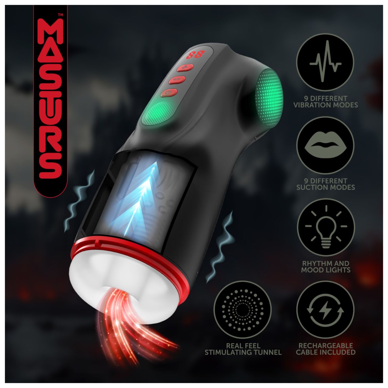 Masturs Raven - szopó-rezgő AR maszturbátor (fekete-piros)