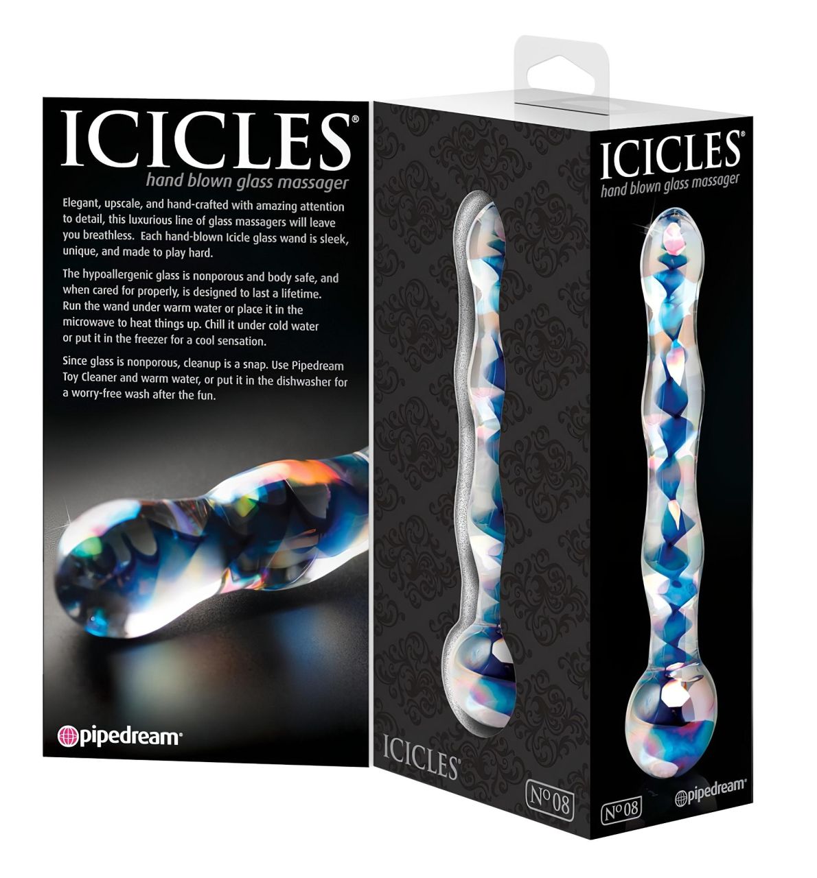 Icicles No. 08 - hullámos, kétvégű, üveg dildó (átlátszó-kék)