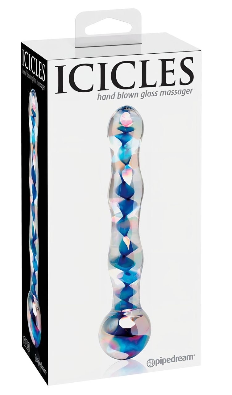 Icicles No. 08 - hullámos, kétvégű, üveg dildó (átlátszó-kék)
