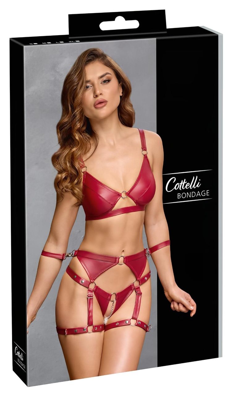 Cottelli Bondage - fényes melltartó szett és kar bilincs (piros)