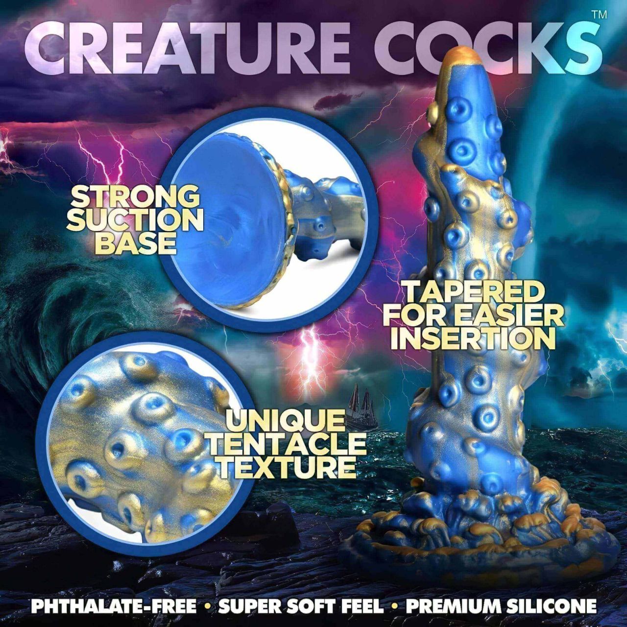 Creature Cocks Kraken - spirál polipkar dildó - 21 cm (arany-kék)