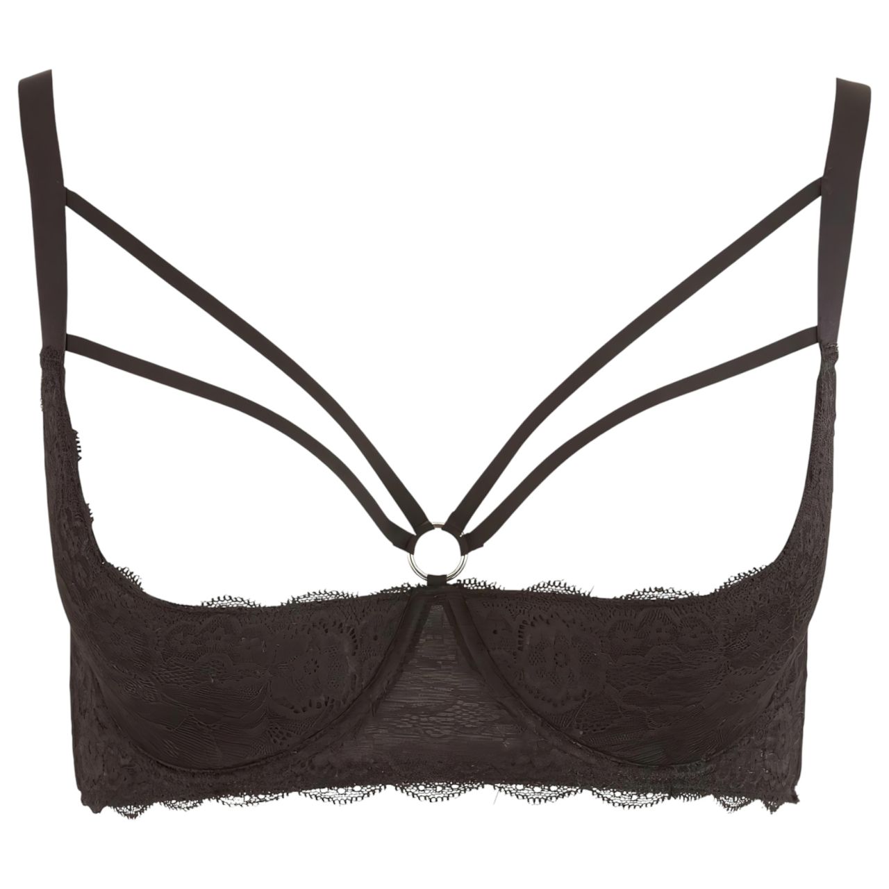 Cottelli Plus Size - pántos, gyűrűs push-up melltartó (fekete)