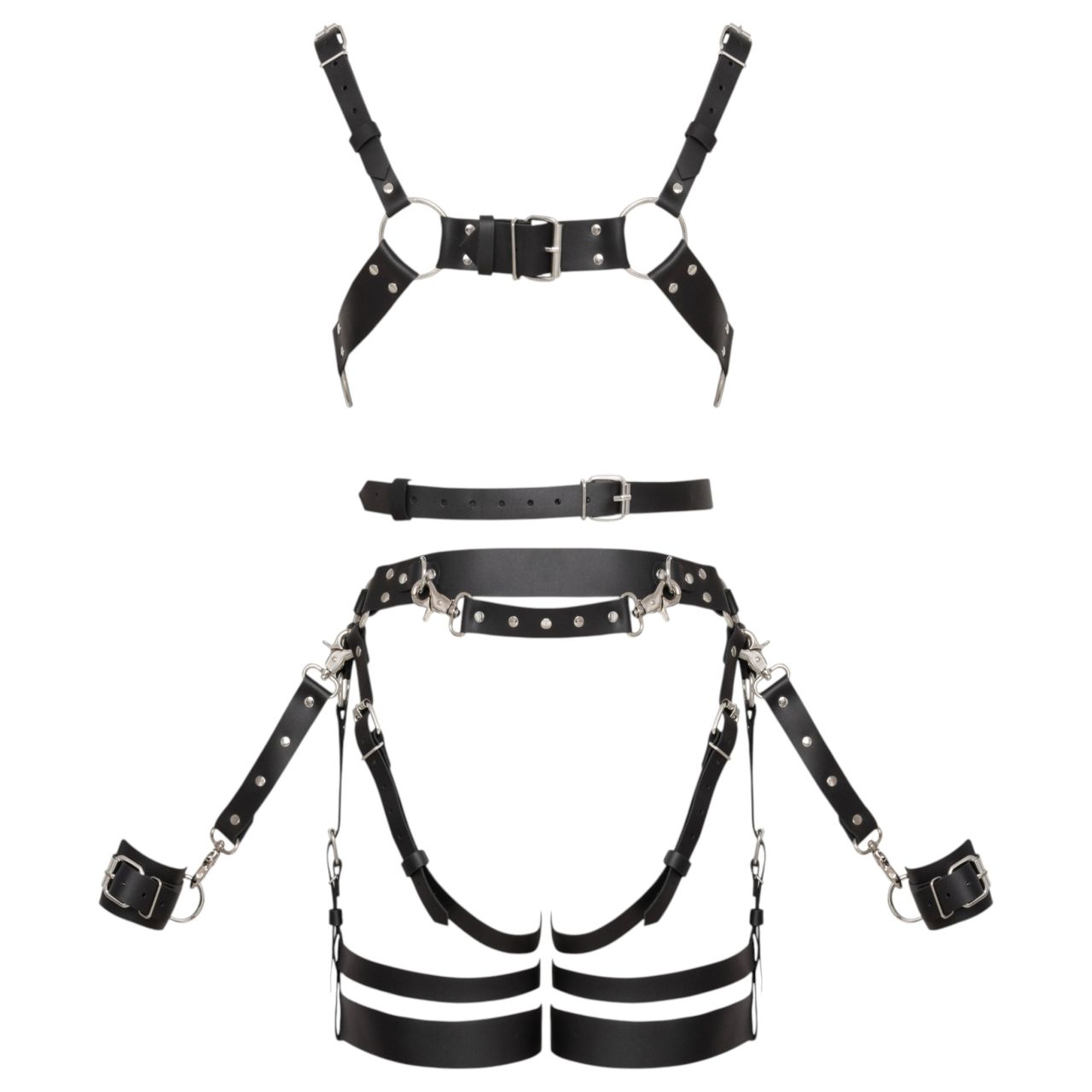 ZADO - többrészes bőr harness szett bilinccsel - fekete (S-M) ZADO - többrészes bőr harness szett bilinccsel - fekete (S-M)