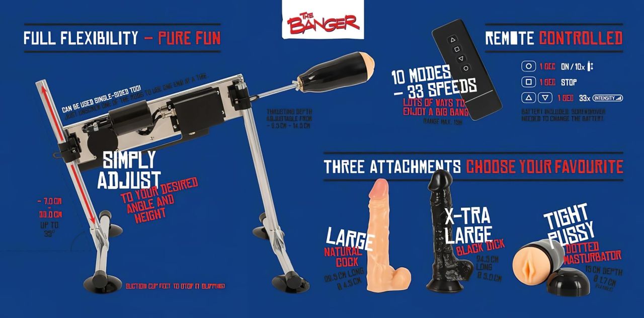 The Banger Fucking Machine - dupla szexgép + 2 dildó és 1 műpunci The Banger Fucking Machine - dupla szexgép + 2 dildó és 1 műpunci