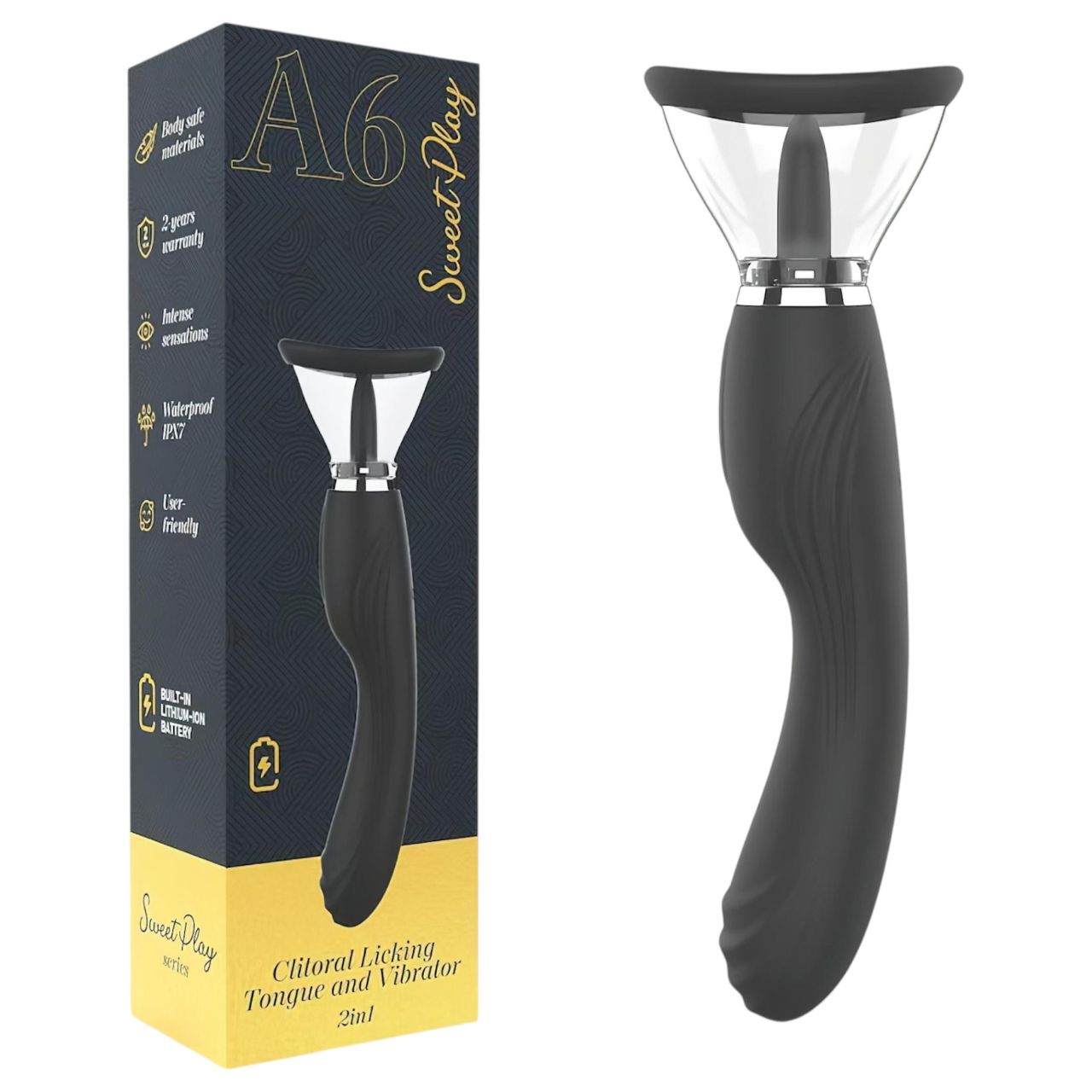 Erospace Sweet Play - 2in1 csiklóizgató vibrátor nyelvvel és szívással (fekete)