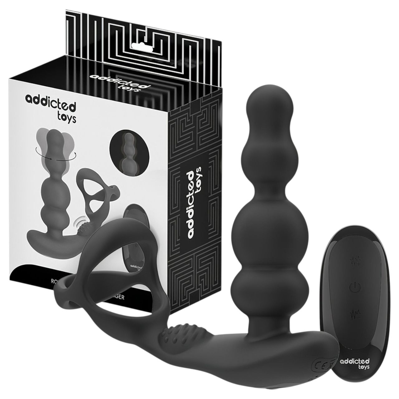 Addicted Toys - forgó fejes análvibrátor péniszgyűrűvel (fekete)