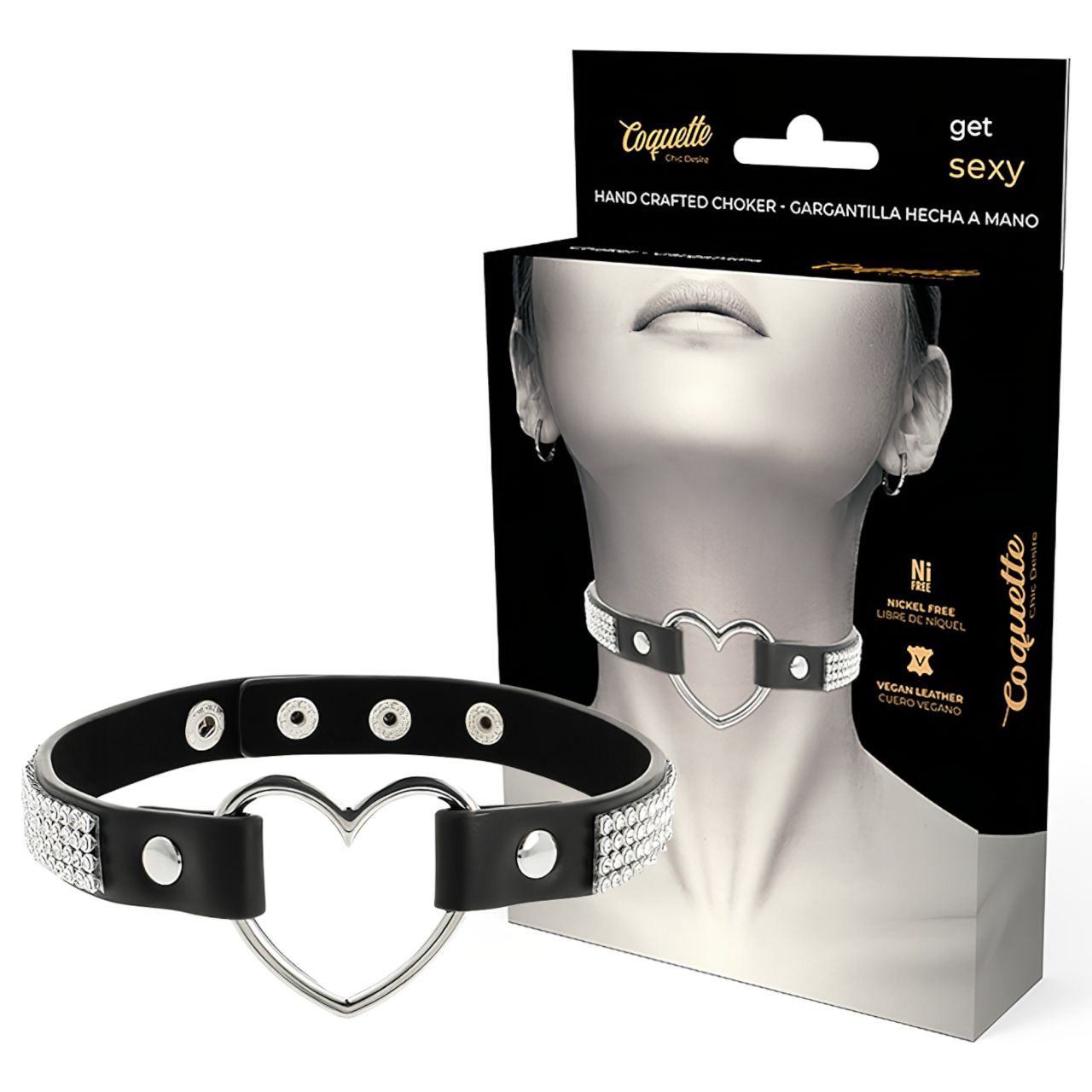 Coquette - strasszos choker nyakpánt szív medállal (fekete)