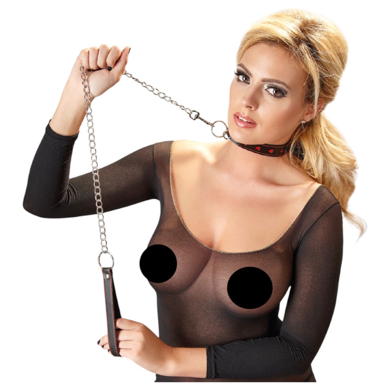Bad Kitty - szíves nyakörv és fém póráz, bondage szett (fekete)