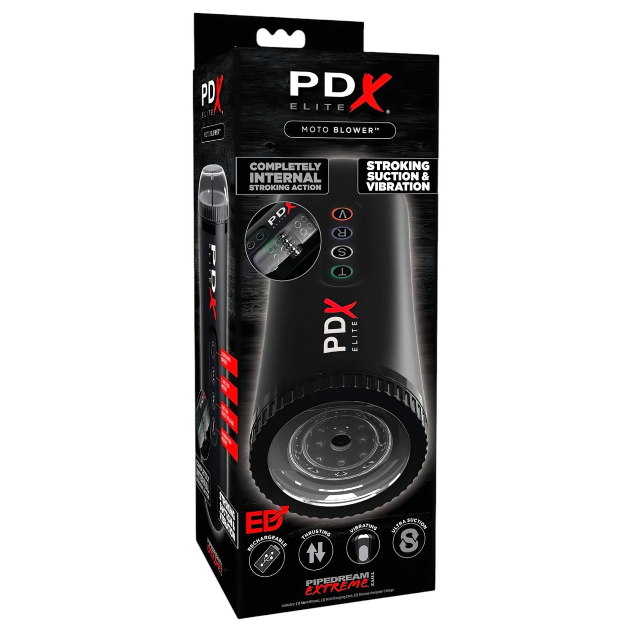 PDX Moto Blower - szívó, rezgő maszturbátor férfiaknak (fekete)
