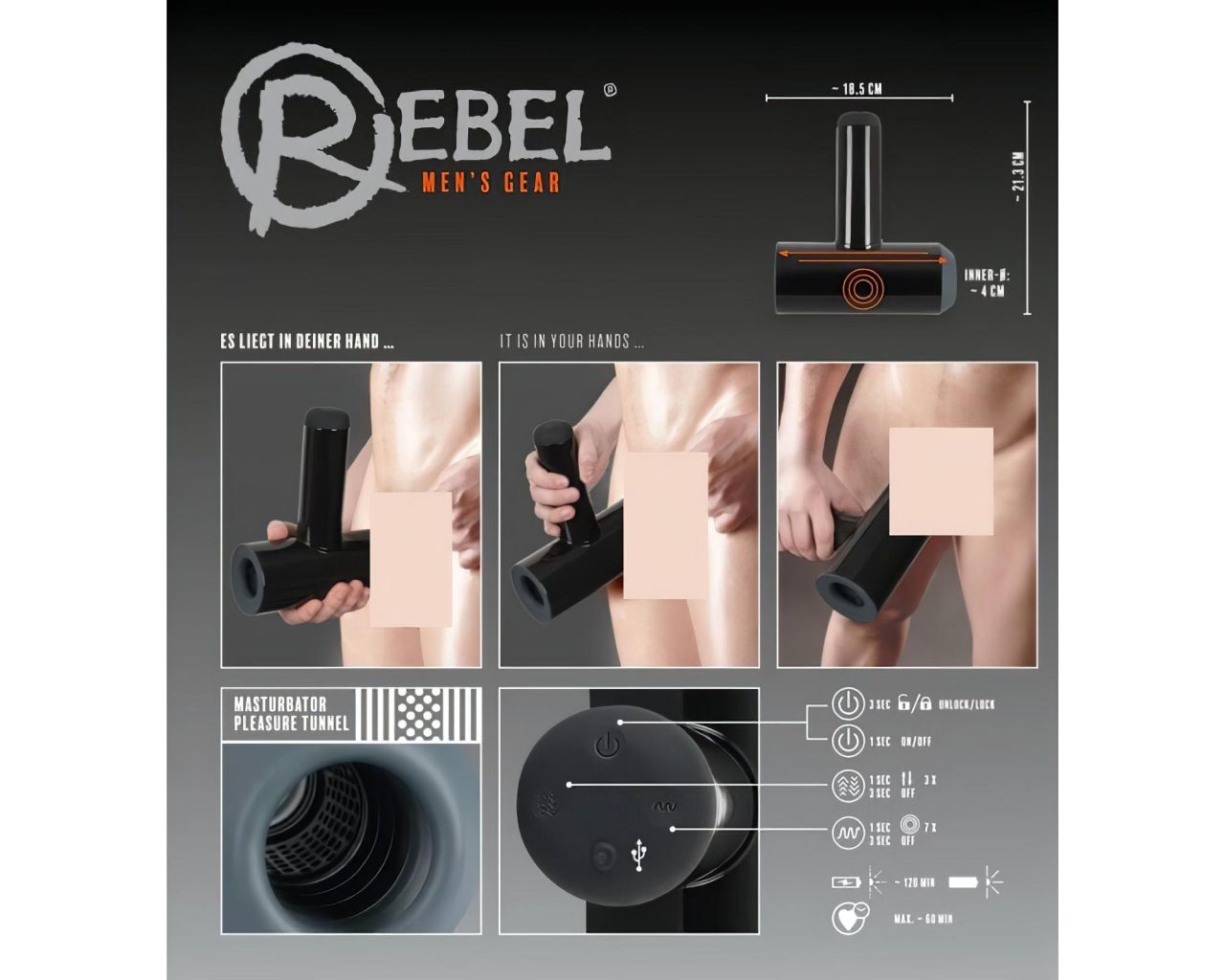 Rebel - akkus, fel-le mozgó, vibráló maszturbátor férfiaknak (fekete)