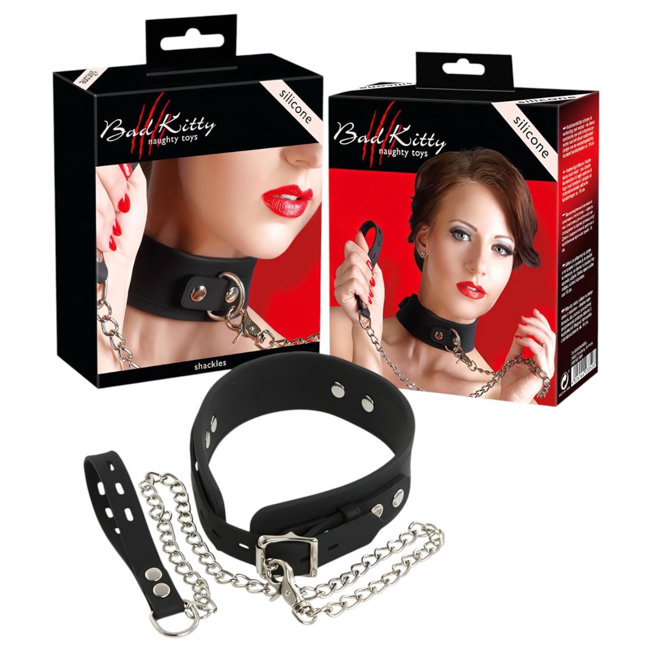 Bad Kitty - szilikon nyakörv és póráz, bondage szett (fekete)