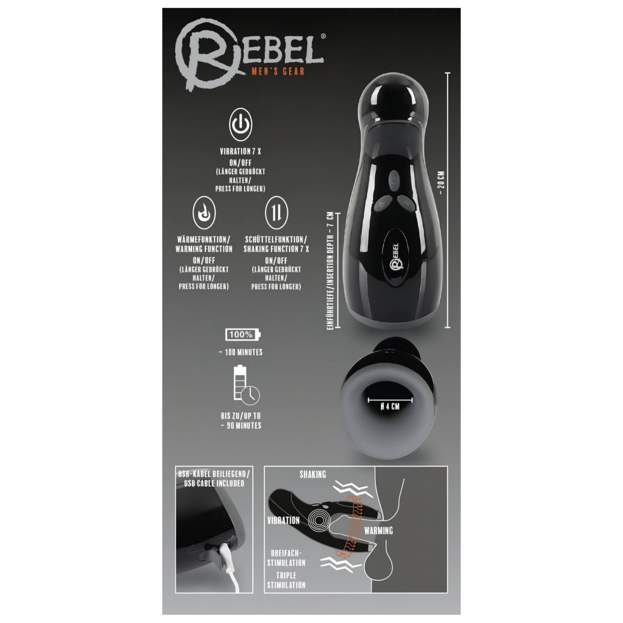 Rebel - fűthető, vibráló, fel-le mozgó maszturbátor (fekete)