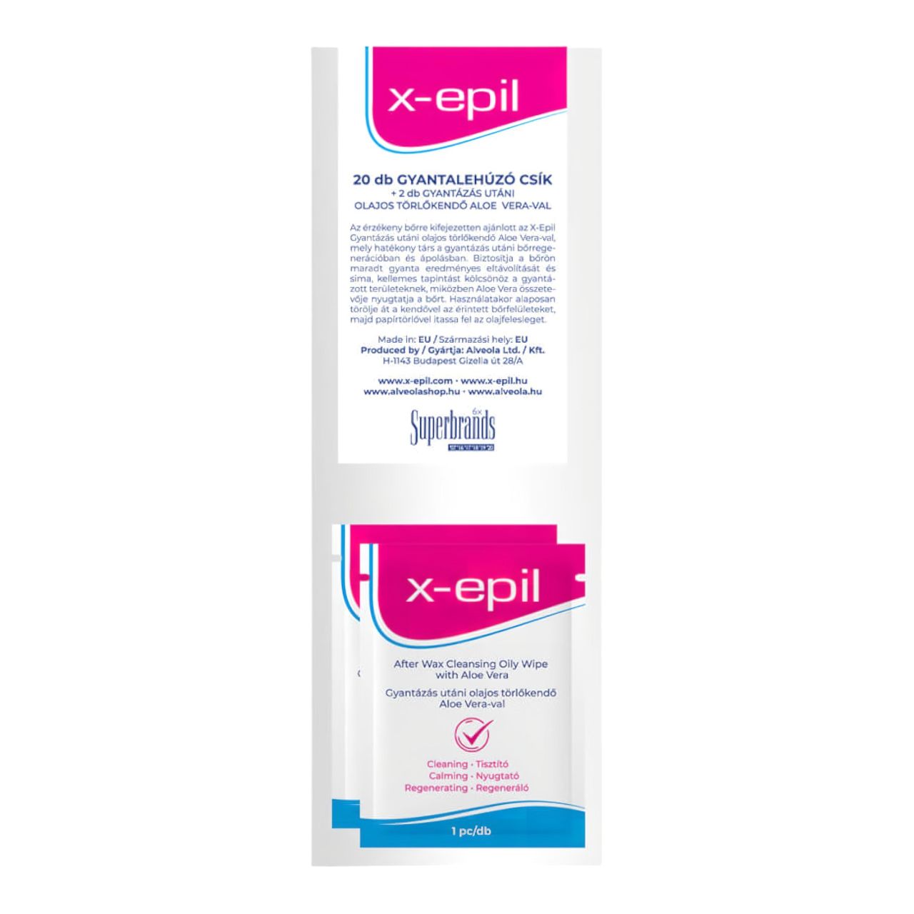 X-Epil - szőrtelenítő lehúzó textil csíkok (20 db) + olajos törlő kendő (2 db)