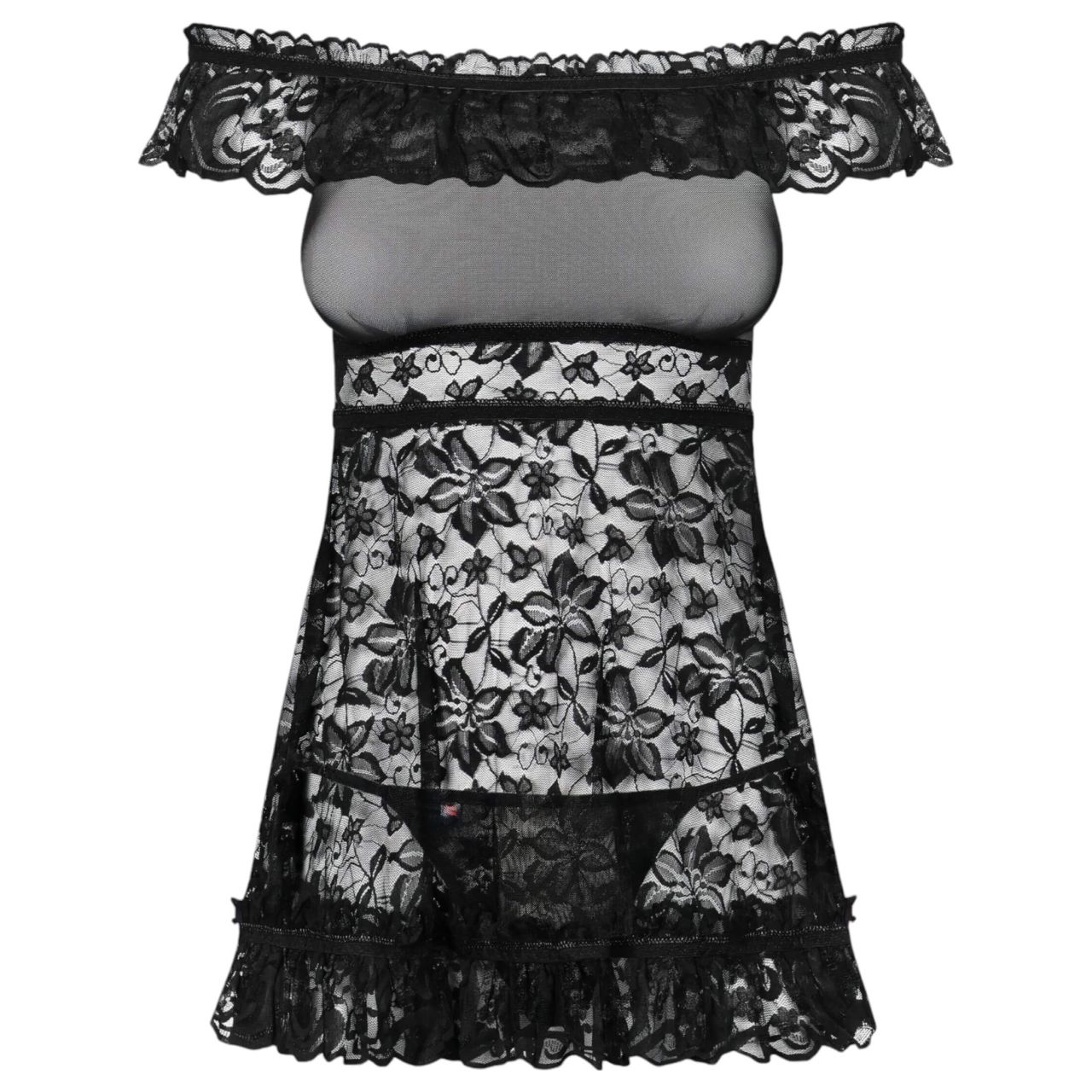 Obsessive Flores - fodros babydoll és tanga (fekete)