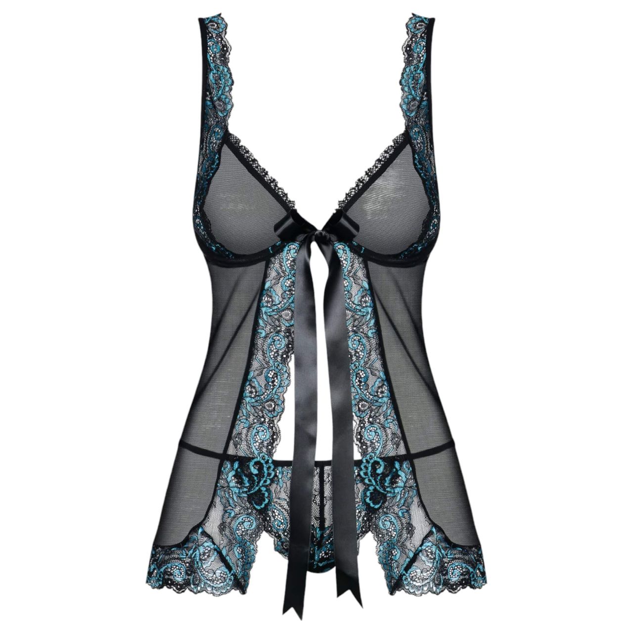 Obsessive Amanta - hímzett babydoll és tanga (fekete-türkiz)
