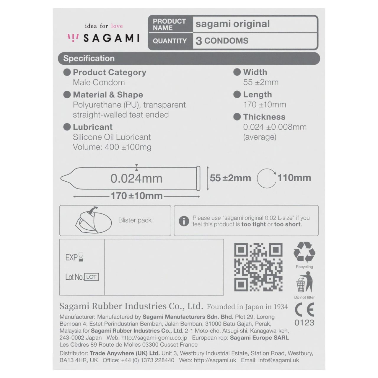 Sagami Original 0,02 - óvszer - 55 mm (3 db)