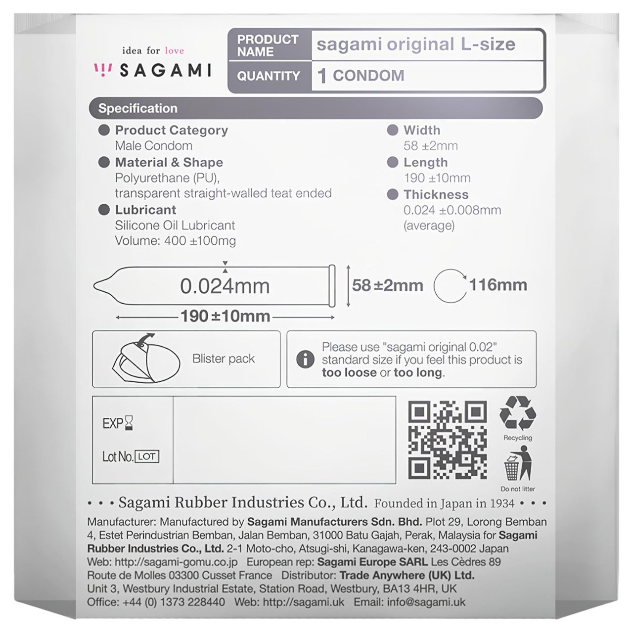 Sagami Original 0.02 L - ultravékony óvszer (58 mm, 1 db)