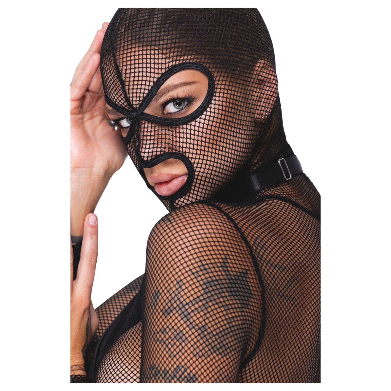 Bad Kitty - áttetsző necc fehérnemű szett korbáccsal (fekete)