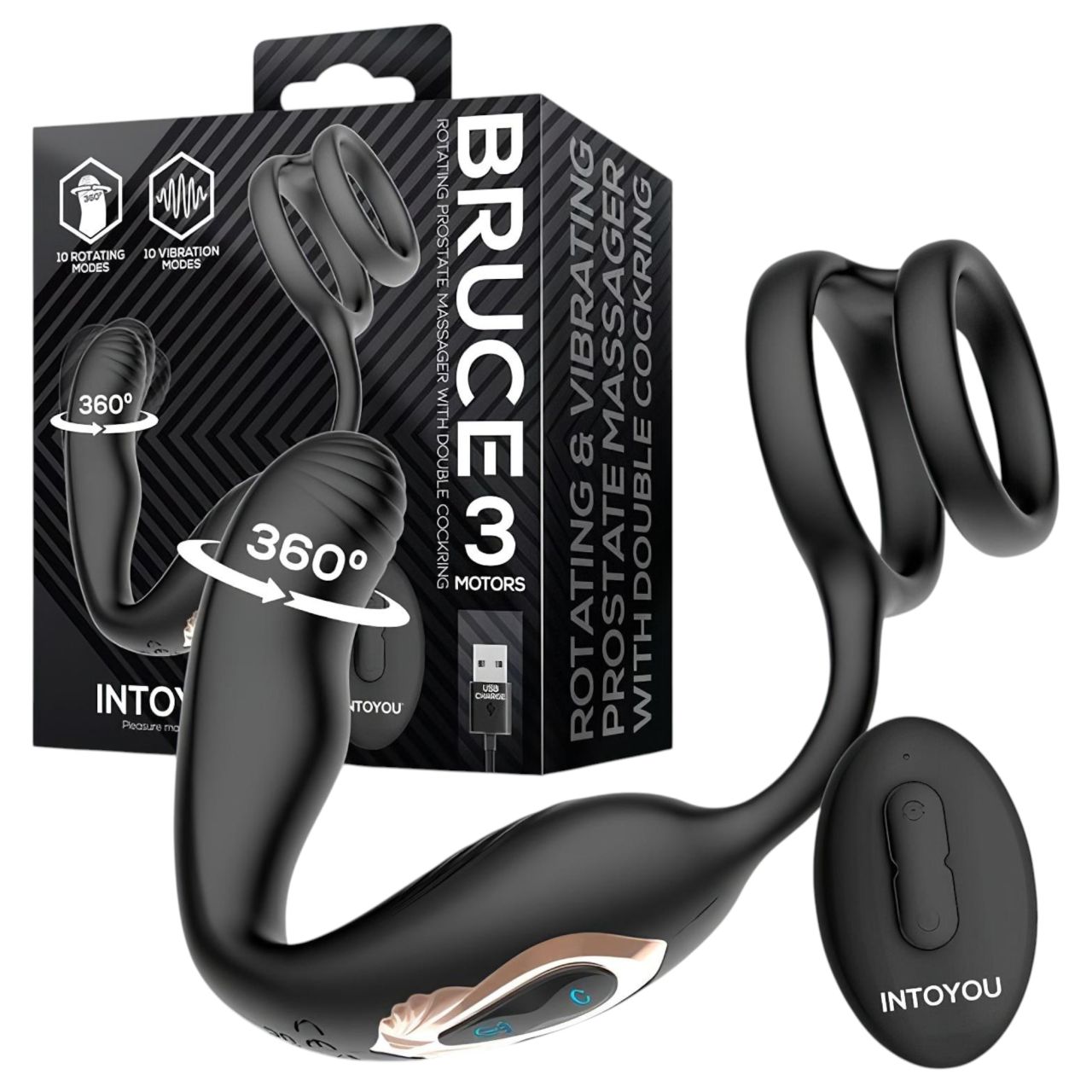 IntoYou Bruce - rádiós forgó prosztata vibrátor dupla gyűrűvel (fekete)