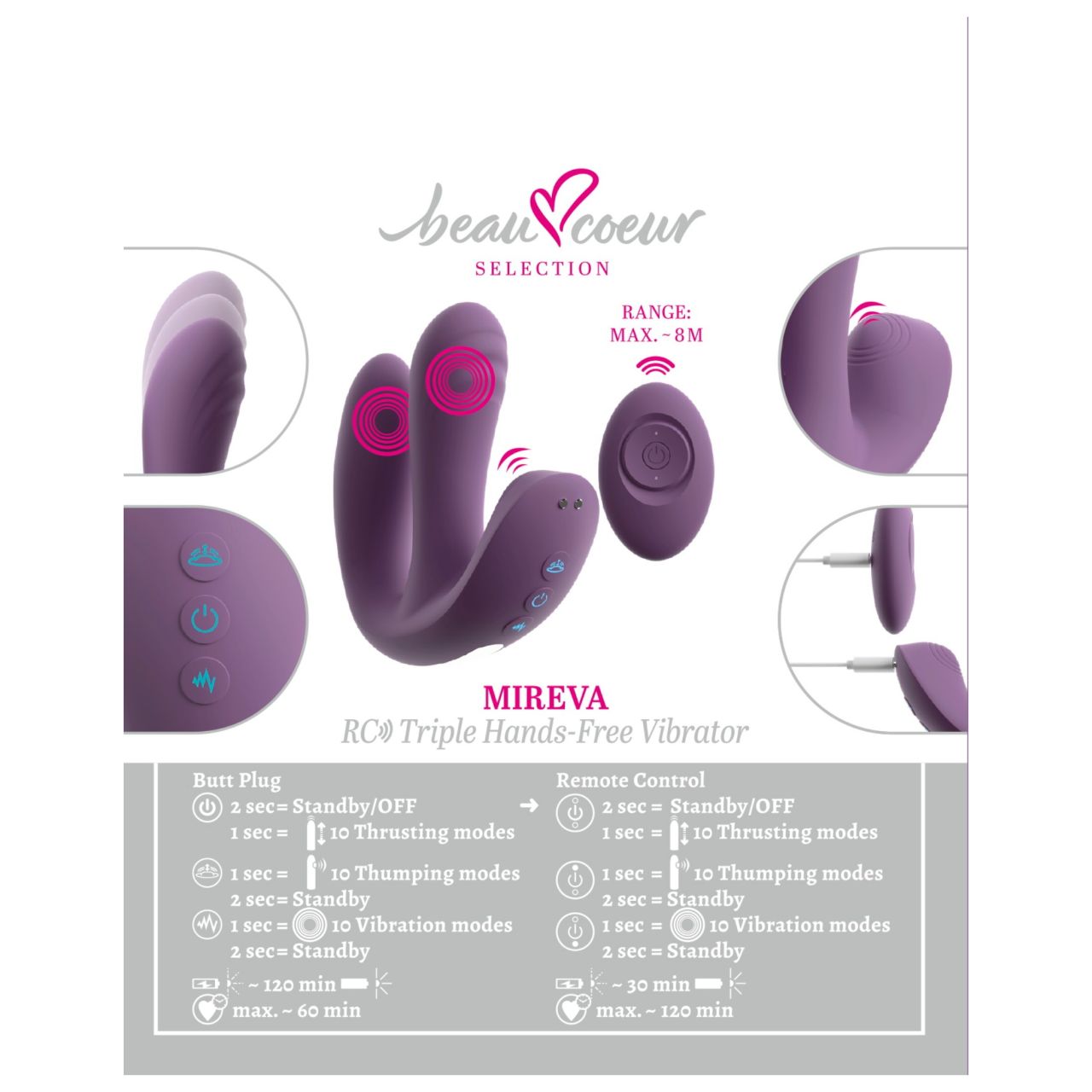 Beau Coeur Mireva - tripla karos, távirányítós vibrátor (lila)